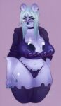  2017 5_fingers anthro areola bear big_areola blue_body blue_eyes blue_hair breasts camel_toe cleavage clothed clothing ear_piercing eyewear female fingers floofyhoof fur glasses hair legwear mammal navel piercing pubes purple_background russian_text signature simple_background solo standing text text_on_clothing text_on_topwear topwear underwear 