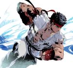  1boy abs belt black_belt black_hair clenched_hands closed_mouth cofffee dougi fighting_stance fingerless_gloves gloves headband knee_up looking_to_the_side male_focus muscular muscular_male pants pectorals red_gloves red_headband ryu_(street_fighter) serious short_hair solo street_fighter torn_clothes torn_sleeves vest white_background white_pants white_vest 