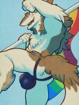  anthro anus balls blue_eyes butt clothed clothing eyeball6300_(chiv) genitals hi_res jockstrap jockstrap_only lgbt_pride looking_at_viewer male one_leg_up penis pride_color_flag pride_colors raised_leg sergal smile solo topless underwear underwear_only 