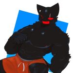  1:1 abs absurd_res anthro black_body black_fur bottomwear clothing epic_games flshtwo fortnite fur hi_res male meowscles_(shadow) muscular muscular_male nipples one_eye_closed pecs red_eyes scar shorts solo wink 