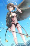  1girl abs bikini black_bikini black_choker black_hair black_jacket black_nails blue_eyes breasts chain choker cross fallen_angel halo heart heart-shaped_eyewear heart_pendant heterochromia highres jacket original short_hair swimsuit thigh_strap tika_tika4101 wing_piercing wings yellow_eyes 