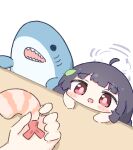  1girl ahoge black_hair blue_archive blush_stickers chibi commentary food holding holding_food leaf leaf_on_head long_hair looking_at_food looking_up miyu_(blue_archive) no_nose open_mouth pink_pupils pov pov_hands red_eyes shark sharp_teeth shrimp teeth umihio 