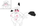  2023 anthro before_and_after big_breasts blush breasts clothing cosplay_pikachu_(costume) digital_media_(artwork) embarrassed female flybeeth gender_transformation generation_1_pokemon genitals hand_on_breast hi_res human human_to_anthro looking_up male mammal mask mtf_transformation nintendo nipples pigeon_toed pikachu pikachu_libre pokemon pokemon_(species) pussy short_stack simple_background smile solo species_transformation standing suit_transformation tail transformation white_background 