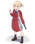  1girl absurdres aged_down blonde_hair blue_ribbon blue_socks blush brown_footwear closed_mouth collared_shirt commentary dress english_commentary grey_dress gun hair_ribbon handgun highres holding holding_gun holding_weapon lewdrawings loafers long_sleeves looking_at_viewer lycoris_recoil lycoris_uniform neck_ribbon nishikigi_chisato one_side_up pleated_dress red_dress red_eyes red_ribbon ribbon shirt shoes sidelocks simple_background smile socks solo sparkle standing two-tone_dress v weapon white_background white_shirt 