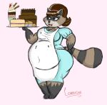  2023 absurd_res accessory anthro apron beauty_mark beverage blue_clothing brown_body brown_fur brown_hair cake chubby_female clothing deep_navel dessert female food fur hair hair_accessory hair_ribbon hi_res holding_food holding_object isabelly lorraine_(isabelly) mammal milkshake navel overweight overweight_female procyonid purple_eyes raccoon ribbons solo stained_clothing tongue tongue_out white_clothing 