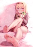  1girl absurdres aiou_akahiko bare_legs barefoot bed_sheet black_hairband blonde_hair blush chaos;head closed_mouth collarbone convenient_leg feet foot_focus foreshortening frog full_body hairband highres holding knee_up legs long_hair long_sleeves looking_at_viewer nishijou_nanami pink_background pout print_shirt purple_eyes shadow shirt sitting soles solo stuffed_toy thighs toenails toes twitter_username 
