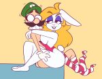  absurd_res anthro bedroom_eyes blonde_hair breasts broodal clenched_teeth clothed clothing duo empty_eyes facial_hair female female_on_human footwear hair hariet_(mario) hat headgear headwear hi_res human human_on_anthro interspecies lagomorph leporid luigi male male/female male_on_anthro mammal mario_bros monamania mostly_nude mustache narrowed_eyes nintendo rabbit red_eyes seductive side_boob side_view socks super_mario_odyssey teeth toony white_body 