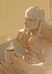  1boy abs bara beard cross_scar cup facial_hair feet_out_of_frame from_side green_eyes hinokumo_f holding holding_cup kresnik_(housamo) large_pectorals long_hair male_focus mature_male messy_hair mug muscular muscular_male navel nipples pectorals scar scar_on_chest sitting solo stomach tokyo_afterschool_summoners topless_male window 