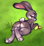  anthro anus bedroom_eyes butt crossed_legs disney easter easter_egg feet female genitals hi_res holidays judy_hopps lagomorph leporid looking_at_viewer looking_back looking_back_at_viewer lying mammal narrowed_eyes nude on_front on_grass on_ground presenting presenting_hindquarters pussy rabbit seductive skye3337 solo zootopia 