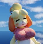  3d_(artwork) animal_crossing anthro big_breasts blue_sky blush breasts canid canine canis clothed clothing cloud digital_media_(artwork) domestic_dog eyes_closed female front_view fur furfnsfw hair isabelle_(animal_crossing) mammal navel nintendo shadow shih_tzu sky smile solo thick_thighs toy_dog wide_hips yellow_body yellow_fur 