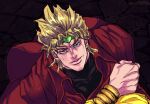  1boy black_background blonde_hair bracelet cape dio_brando earrings headband heart-shaped_ornament highres jacket jewelry jojo_no_kimyou_na_bouken looking_up male_focus official_style red_eyes ruushii_(lucy_steel6969) simple_background solo stardust_crusaders turtleneck yellow_jacket 