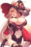 1girl black_gloves black_headwear black_thighhighs blonde_hair blush breasts cleavage clothing_cutout cowboy_shot fang gloves hair_between_eyes hand_up hat highres large_breasts large_hat long_hair looking_at_viewer navel navel_cutout nijisanji nui_sociere open_mouth simple_background skin_fang smile solo thighhighs ubo_(ubo_tales) virtual_youtuber white_background witch_hat yellow_eyes 
