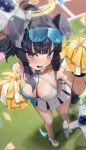  1girl absurdres animal_ears bare_legs barefoot black_eyes black_hair blue_archive blunt_bangs blush breasts bright_pupils cheerleader cleavage commentary confetti criss-cross_halter dog_ears dog_girl from_above full_body goggles goggles_on_head grass halo halterneck hibiki_(blue_archive) hibiki_(cheer_squad)_(blue_archive) highres holding holding_pom_poms kongsi large_breasts looking_at_viewer looking_up miniskirt official_alternate_costume open_mouth outdoors pleated_skirt pom_pom_(cheerleading) raised_eyebrows shoes skirt sneakers solo star_sticker sticker_on_face tears thighs white_footwear white_pupils white_skirt 