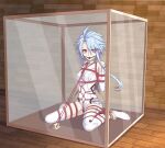  1girl absurdres ahoge arms_behind_back ball_gag bdsm blue_hair blush bondage bone_ko bound bound_arms bound_legs box breasts chain chained collar commission elbow_gloves full_body gag gloves highres in_box in_container leotard medium_hair neptune_(series) no_shoes red_eyes restrained rope second-party_source sex_toy shibari shibari_over_clothes short_hair_with_long_locks sitting skindentation small_breasts solo thighhighs wariza white_gloves white_heart white_leotard white_thighhighs 