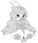  anotherbearsimp anthro areola beak biped blush breasts decidueye female generation_7_pokemon hi_res inverted_nipples monochrome nintendo nipples pokemon pokemon_(species) simple_background solo white_background 