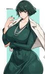  1girl absurdres arm_under_breasts blunt_bangs blush border breasts cleavage closed_mouth coat coat_on_shoulders collarbone collared_dress covered_navel cromwellb curvy dark_green_hair dress elbow_rest fubuki_(one-punch_man) fur_coat green_dress green_eyes hand_up highres jewelry large_breasts light_blue_background looking_at_viewer nail_polish necklace one-punch_man short_hair solo taut_clothes taut_dress twitter_username white_border wide_hips 