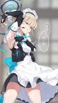 1girl absurdres apron belt_pouch black_dress black_gloves blonde_hair blue_archive blue_bow blue_eyes bow breasts dress elbow_gloves fingerless_gloves gloves halo highres long_hair long_sleeves maid maid_apron maid_headdress pouch ryo_(ryo_skrdi) solo toki_(blue_archive) 