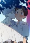  11kkr 2boys belt blue_eyes blush brown_belt brown_hair closed_eyes closed_mouth embarrassed evangelion:_3.0_you_can_(not)_redo grey_hair hair_between_eyes ikari_shinji kiss kissing_cheek multiple_boys nagisa_kaworu neon_genesis_evangelion rebuild_of_evangelion school_uniform shadow tokyo-3_middle_school_uniform yaoi 