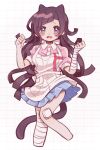  1girl ameko53133 animal_ears apron bandaged_arm bandaged_leg bandages bandaid bandaid_on_knee bandaid_on_leg blush breasts cat_ears clenched_hands cropped_feet danganronpa_(series) danganronpa_2:_goodbye_despair fang hands_up highres large_breasts looking_at_viewer miniskirt open_mouth pink_shirt pleated_skirt puffy_short_sleeves puffy_sleeves shirt short_sleeves skin_fang skirt solo tearing_up tsumiki_mikan two-tone_shirt white_apron white_shirt 