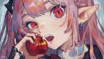  1girl absurdres apple bat_wings fangs food fruit hair_ornament highres holding holding_food holding_fruit impasto impressionism krul_tepes long_hair looking_at_viewer open_mouth owari_no_seraph pink_hair pointy_ears red_eyes sanoarts teeth twintails vampire wings 