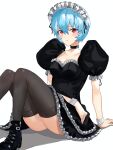  1girl alternate_costume arm_across_waist arm_support ayanami_rei black_choker black_footwear black_thighhighs blue_hair blush breasts choker cleavage commentary_request dress expressionless frilled_dress frills high_heels highres himagin20180321 looking_at_viewer medium_breasts neon_genesis_evangelion puffy_short_sleeves puffy_sleeves red_eyes short_hair short_sleeves solo thighhighs thighs wrist_cuffs 
