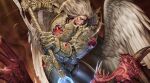  2boys absurdres angel_wings armor blonde_hair blue_eyes breastplate chaos_(warhammer) colored_skin commentary demon english_commentary eyes_of_horus_(warhammer_40k) feathered_wings feathers gauntlets glowing glowing_eyes gold_armor gorget greaves halo highres hinchel_or holding holding_weapon horns long_hair lost_primarchs multiple_boys multiple_horns ornate_armor pauldrons polearm power_armor primarch purity_seal red_eyes red_skin sanguinius sharp_teeth shoulder_armor spear_of_telesto teeth torn_skin vambraces warhammer_40k weapon wings 