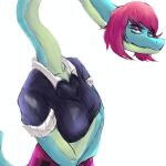  1:1 2023 absurd_res anthro blue_body blue_eyes blue_scales bottomwear brachiosaurid brachiosaurus breasts clothing crossed_arms dark_rya digital_drawing_(artwork) digital_media_(artwork) dinosaur eyelashes eyeshadow female green_body green_scales hair hi_res i_wani_hug_that_gator liz_farlane long_neck long_tail makeup multicolored_body multicolored_scales pink_eyeshadow pink_hair reptile sauropod scales scalie short_hair simple_background skirt smile snout solo tail two_tone_body two_tone_scales white_background 