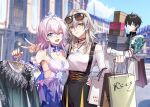  1boy 2girls arm_around_waist bag blurry blurry_background casual clothes_hanger dan_heng_(honkai:_star_rail) dress gradient_hair highres holding_clothes_hanger honkai:_star_rail honkai_(series) jewelry kangetsu_(fhalei) march_7th_(honkai:_star_rail) multicolored_hair multiple_girls necklace official_alternate_costume pink_hair shoe_box shopping_bag smile stelle_(honkai:_star_rail) tiara trailblazer_(honkai:_star_rail) v 