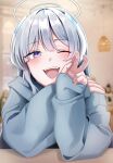  1girl absurdres blue_archive blue_hoodie blush grey_hair halo highres hood hoodie long_hair long_sleeves mechanical_halo noa_(blue_archive) nyong_sang one_eye_closed open_mouth purple_eyes smile solo upper_body 