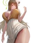  1girl absurdres blue_archive blush breasts center_opening cleavage green_eyes hair_bun halo highres large_breasts light_brown_hair long_hair long_skirt nonomi_(blue_archive) parted_lips rororo shirt sidelocks single_side_bun skirt sleeveless sleeveless_shirt solo thighs white_skirt yellow_shirt 
