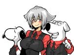  1girl 2boys absurdres animal_ears black_necktie black_vest breasts brian_griffin cerberus_(helltaker) cerberus_(helltaker)_(cosplay) closed_mouth collared_shirt cookie_(touhou) cosplay crossover family_guy great_gonzales highres impossible_clothes impossible_vest inubashiri_momiji kuso_inu_(cookie) large_breasts looking_at_viewer multiple_boys necktie peanuts pointing red_eyes red_shirt shirt short_hair simple_background snoopy touhou vest white_background white_hair wolf_ears 