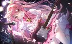  1girl balala_the_fairies brown_eyes dated dress eighth_note guitar hair_ornament highres holding holding_instrument holding_microphone_stand instrument long_hair magical_girl miaogujun microphone microphone_stand musical_note musical_note_hair_ornament pink_dress pink_footwear pink_hair short_sleeves socks solo very_long_hair white_socks 
