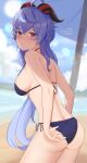  1girl absurdres ahoge ass bare_arms bare_shoulders beach bikini blue_bikini blue_hair blue_sky breasts cloud commentary cowboy_shot day ganyu_(genshin_impact) genshin_impact highres horns large_breasts long_hair looking_at_viewer ocean purple_eyes sky solo standing swimsuit terableart thighs very_long_hair water 