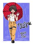  1girl 2023 :d birthday black_footwear blue_background brown_eyes brown_hair character_name clothes_around_waist commentary dated girls_und_panzer gloves holding holding_umbrella jumpsuit looking_at_viewer mechanic nakajima_(girls_und_panzer) open_mouth orange_jumpsuit outline rain red_umbrella shoes short_hair smile solo standing takahashi_kurage tank_top translated umbrella uniform waving white_gloves white_outline white_tank_top 