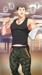  +++ 1boy abs bara black_shirt brown_hair camouflage camouflage_pants clenched_hand covered_abs dance_studio dog_tags groin hifumi_(3b_x) highres holding holding_towel idolmaster idolmaster_side-m jewelry looking_ahead male_focus muscular muscular_male open_mouth pants pectorals purple_eyes shingen_seiji shirt short_hair smile solo tank_top taut_clothes taut_shirt towel translation_request 
