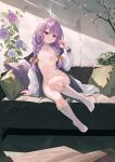  1girl :&lt; absurdres arm_support atsuko_(blue_archive) blue_archive bow braid breasts collarbone commentary couch feet flower frilled_socks frills halo highres jacket linhangwei long_hair looking_at_viewer low_twin_braids naked_jacket navel nipples nude on_couch open_mouth purple_flower purple_hair purple_rose red_eyes ribbon ribbon-trimmed_legwear ribbon_trim ribs rose small_breasts socks solo stomach toes twin_braids white_jacket yellow_bow yellow_ribbon 