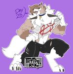  4_toes anarchy_symbol anthro bottomwear brown_body brown_hair clothing collar english_text feet fur generation_7_pokemon hair hi_res lycanroc male midday_lycanroc muscular muscular_male nintendo pants pokemon pokemon_(species) purple_background red_eyes shirt simple_background solo spikes spikes_(anatomy) tail tattoorexy teeth text toes topwear torn_clothing white_body white_fur 