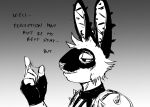  2023 anthro bethesda_softworks black_and_white bodily_fluids bodypaint dialogue english_text face_paint fallout female genital_fluids gradient_background hi_res hladilnik lagomorph leporid mammal monochrome pro_bun_(hladilnik) pussy_juice pussy_juice_on_hand rabbit raider_(fallout) simple_background solo text 