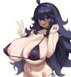  1girl @_@ absurdres ahoge alternate_breast_size areola_slip bikini black_bikini breasts covered_nipples dragra hair_between_eyes hairband hand_up hex_maniac_(pokemon) highres huge_breasts large_areolae long_hair looking_at_viewer messy_hair micro_bikini navel open_mouth pokemon pokemon_(game) pokemon_xy purple_eyes purple_hair purple_hairband side-tie_bikini_bottom simple_background skindentation smile solo stomach swimsuit upper_body v very_long_hair white_background 
