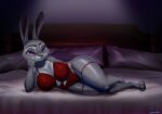  2023 andy_w.o anthro artist_name bed bedding bedroom_eyes big_breasts black_nose bra breasts cleavage clothed clothing curvy_figure disney eyebrows eyelashes eyeshadow female furniture garter_belt garter_straps half-closed_eyes hi_res judy_hopps lagomorph leporid looking_at_viewer lying makeup mammal narrowed_eyes on_side panties pillow purple_eyes rabbit seductive smile solo thick_thighs underwear voluptuous wide_hips zootopia 