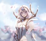  1girl artist_name bare_shoulders breasts cleavage detached_sleeves funsizedipstick gem grey_eyes highres hood hood_up large_breasts league_of_legends lux_(league_of_legends) medium_hair official_alternate_costume petals shiny_skin solo white_hair 