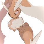  1girl aberu_(ycrr3542) animal_ears animal_nose blush body_fur brown_fur commentary furry furry_female groin hand_to_own_mouth hands_up leg_up light_blush looking_at_viewer lopunny own_hands_together pink_eyes pointy_ears pokemon pokemon_(creature) rabbit_ears rabbit_girl rabbit_tail shiny_skin simple_background solo standing standing_on_one_leg tail thick_thighs thighs two-tone_fur white_background white_fur 
