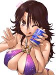 1girl amania_orz bikini breasts brown_hair can cleavage copyright_request dated holding holding_can large_breasts long_hair looking_at_viewer o-ring o-ring_bikini one_eye_closed shadow simple_background solo swimsuit tongue tongue_out twitter_username white_background 