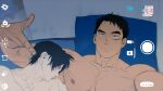  2boys bara bed black_hair closed_eyes closed_mouth couple kashikahaya large_pectorals lying male_focus multiple_boys muscular muscular_male nipples on_back on_bed original pectorals selfie short_hair sleeping taking_picture yaoi 