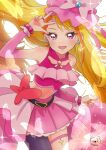  1girl belt belt_bow black_belt blonde_hair blush brooch cure_butterfly earrings highres hijiri_ageha hirogaru_sky!_precure jewelry long_hair magical_girl midriff moro_precure navel pink_headwear pink_skirt pleated_skirt precure purple_eyes single_leg_pantyhose skirt smile solo thigh_strap v very_long_hair wing_brooch 