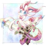  blue_eyes blush border closed_mouth commentary_request doublade highres looking_at_viewer no_humans pokemon pokemon_(creature) remedy_matome signature smile sylveon white_border 