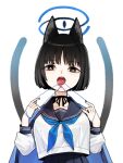  1girl animal_ears black_eyes black_hair black_sailor_collar black_skirt blue_archive blue_halo blue_neckerchief cat_ears cat_tail chuo8008 halo haori japanese_clothes kikyou_(blue_archive) looking_at_viewer multiple_tails neckerchief open_mouth pleated_skirt sailor_collar school_uniform serafuku short_hair simple_background skirt solo tail tongue tongue_out two_tails upper_body white_background 