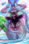  1girl \m/ aqua_nails blue_hair blush breasts cleavage cleavage_cutout clothing_cutout colored_eyelashes curvy dark-skinned_female dark_skin fate/grand_order fate_(series) gaikiken gigantic_breasts grin horns ibuki_douji_(swimsuit_berserker)_(first_ascension)_(fate) innertube long_hair long_pointy_ears multicolored_hair oni pink_hair pointy_ears red_eyes signature smile solo streaked_hair tail thick_arms thick_thighs thighs very_long_hair wading water wide_hips wristband 