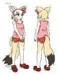  1girl absurdres animal_ear_fluff animal_ears appleq bare_arms bare_shoulders breasts brown_eyes camisole closed_mouth commentary_request crocs dolphin_shorts fennec_(kemono_friends) fox_ears fox_girl fox_tail hairband highres kemono_friends light_brown_hair multicolored_hair multiple_views own_hands_together pink_camisole red_footwear red_hairband red_shorts short_shorts shorts simple_background small_breasts tail two-tone_hair white_background white_hair 