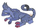  abs balls bedroom_eyes big_balls claws fangs felid fur genitals lying_on_ground mammal narrowed_eyes naughtygryph nude_male pantherine pawpads pecs sabertooth_(anatomy) seductive skanra striped_body striped_fur stripes taur teeth tiger 